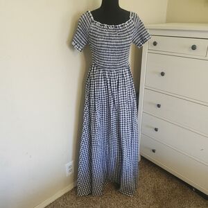 Blue Gingham Maxi Dress with Smocked Bodice